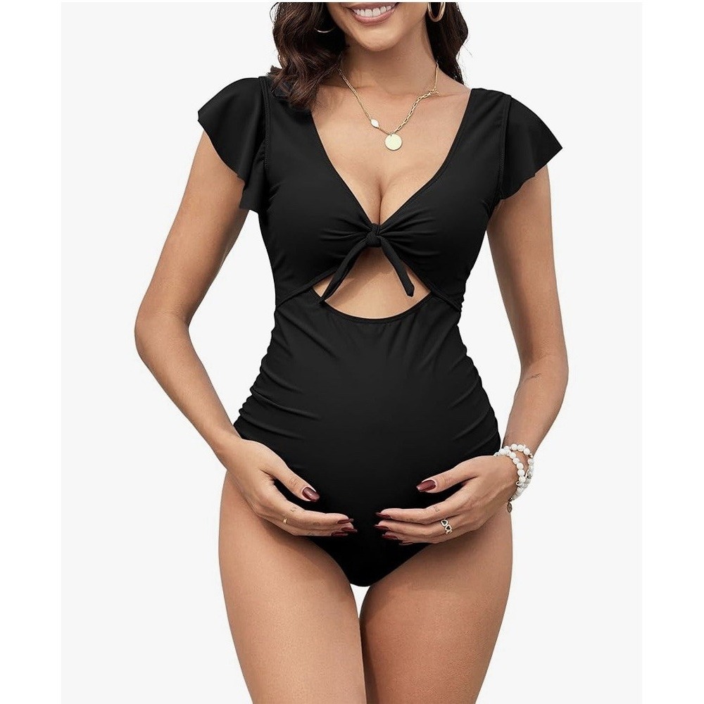 ZAFUL Swimsuit Women Large Black Maternity Ruffle Cutout Front Tie One Piece